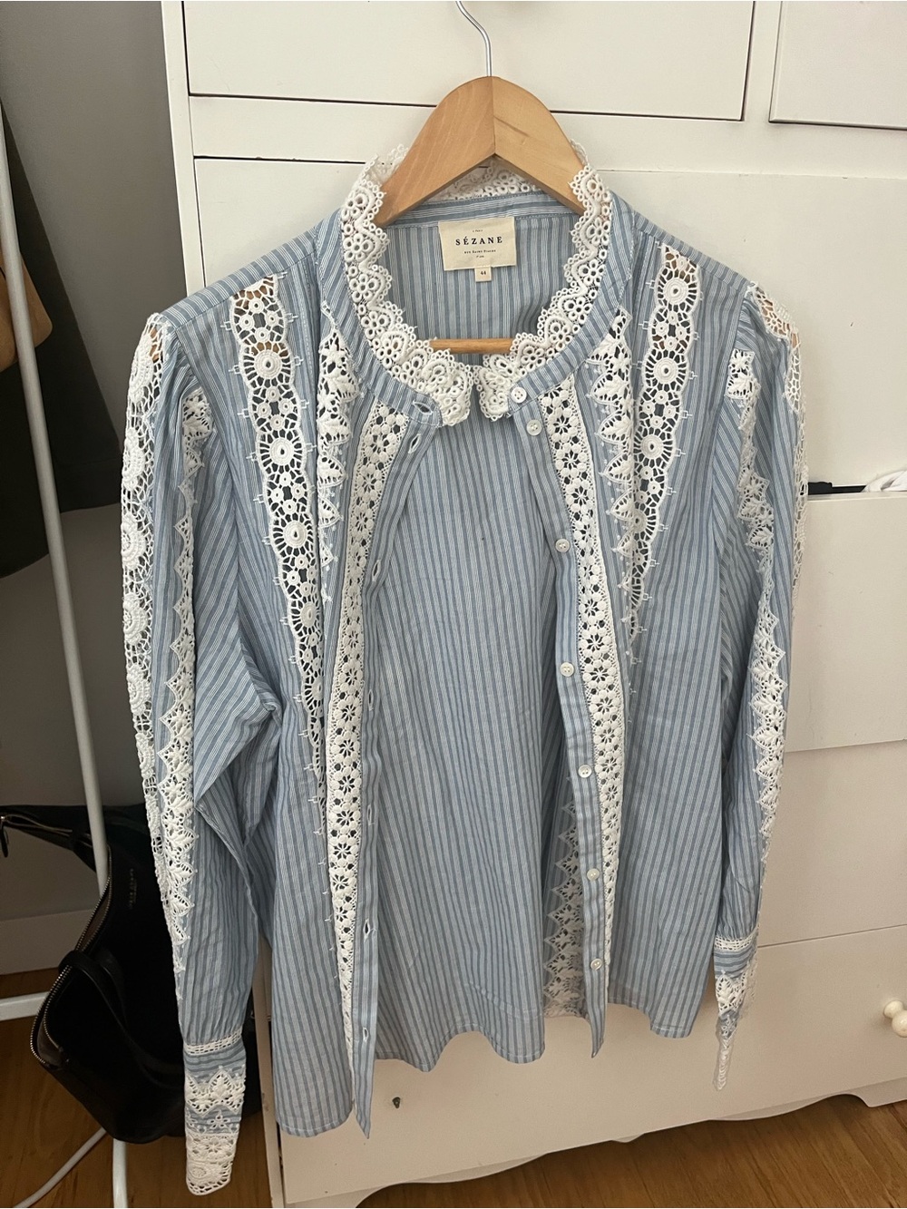 Sezane Blue Stripe Lace-Trim Blouse